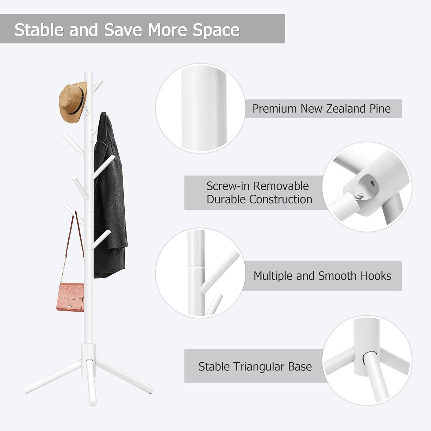 Wooden Coat Rack, Free Standing Coat Rack with 8 Hooks 3 Adjustable Heights for Clothes, Hats, Handbags, Coat Tree Easy Assembly for Entryway, Bedroom, Hallway, Office(2PCS) - Lumora Desk