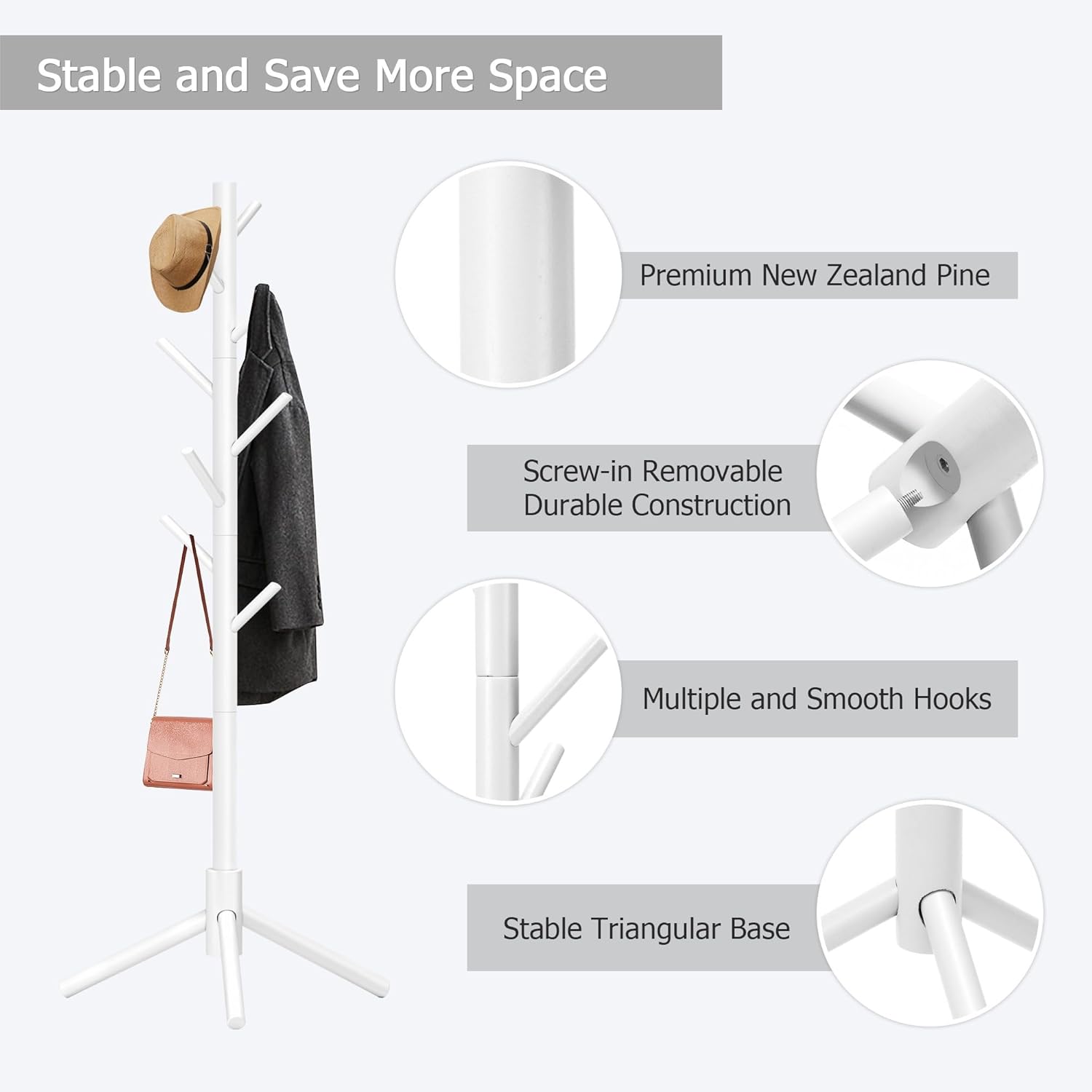 Wooden Coat Rack, Free Standing Coat Rack with 8 Hooks 3 Adjustable Heights for Clothes, Hats, Handbags, Coat Tree Easy Assembly for Entryway, Bedroom, Hallway, Office (New White) - Lumora Desk