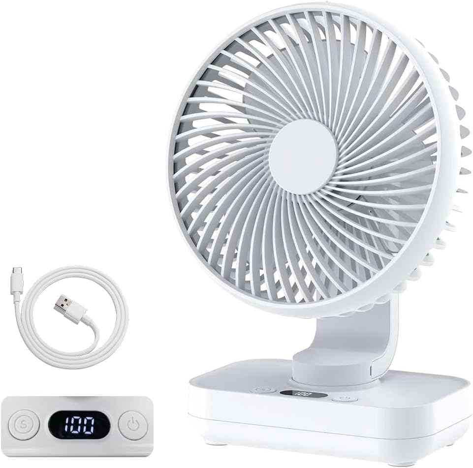 Oscillating Small Desk Fan, with USB Rechargeable Battery, Ultra Quiet, 4 Speeds, 13-Hour Runtime, Wall-Mount Option, Quiet Fan, Home, Bedroom and Office, White