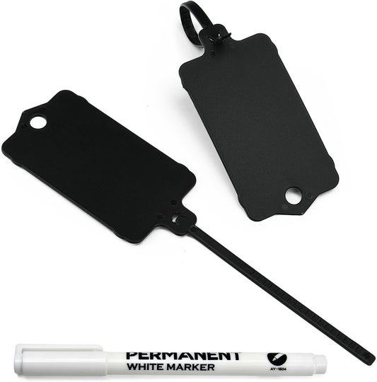 100pcs Blank Plastic Tags for Labeling Reusable Hanging Tags Ties Key Tag Storage Tag Waterproof Plastic Mark Label Writable Hang Sign with One Marker Pen (Black)