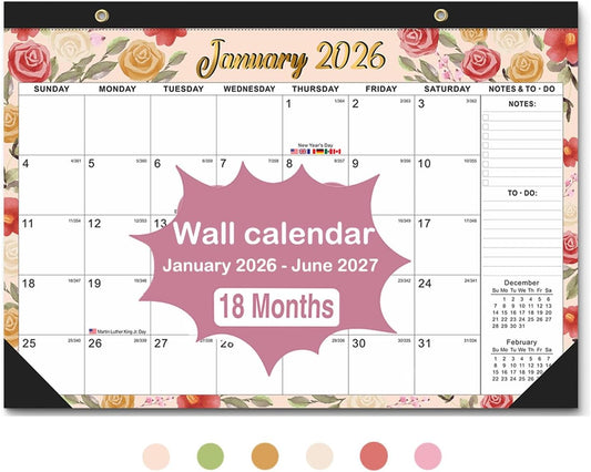 2026-2027 18-Month Large Desk Calendar with 2 Stickers & Hanging Rope - 17"x12" Watercolor Floral Desktop or Wall Calendar | Holiday Marks & Year Countdown | for Office, Homeschool, Teacher Planning (Jan 2026 - Jun 2027)