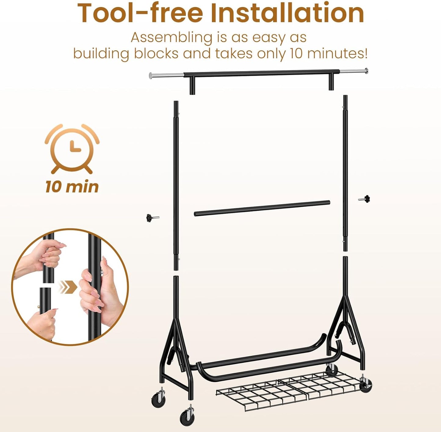 Double Rods Clothing Rack, Heavy Duty Clothes Rack for Hanging Clothes Load 560LBS, Metal Rolling Garment Racks with Wheels, Freestanding Clothes Hanging Racks, Black - Lumora Desk