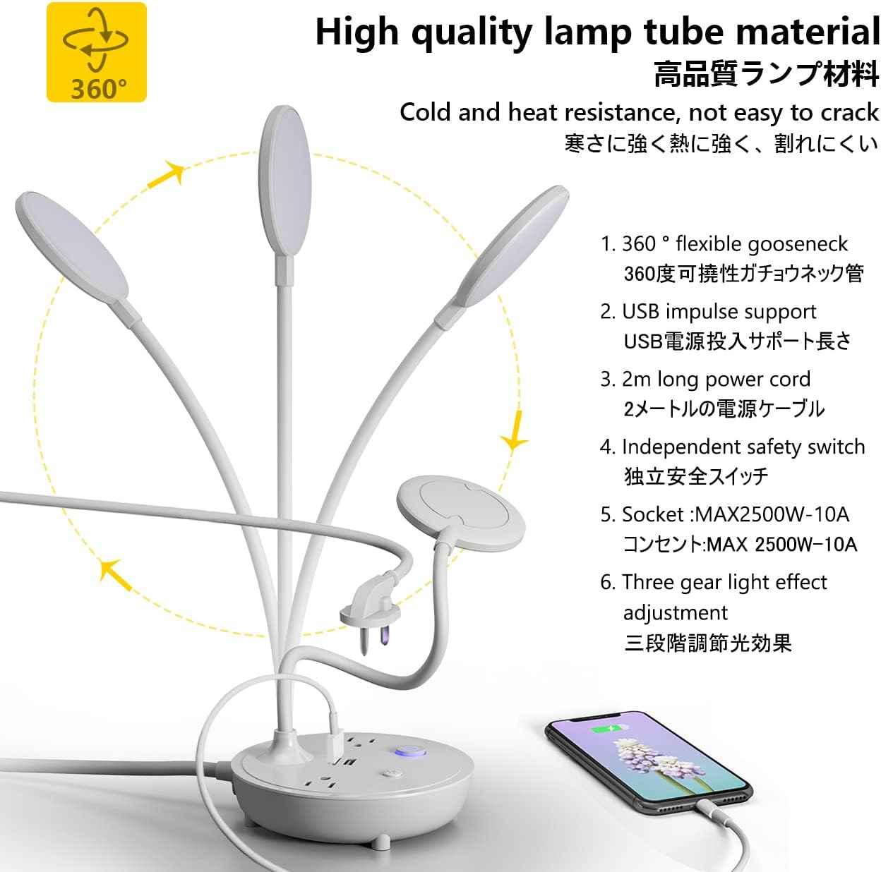 LED Desk Lamp with 2 USB Charging Ports and 2 AC Power Outlets - Adjustable Gooseneck Desk Light with 3 Level Brightness, Eye-Caring Small Table Lamp for Home Office, College Dorm Room Essentials