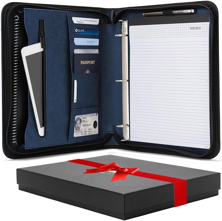 Padfolio Binder - Professional Faux Leather Travel Organizer Pouch for Tablet, Documents, Presentation Folders, Zipper Closure, Removable 3-Ring Notepad - Blue