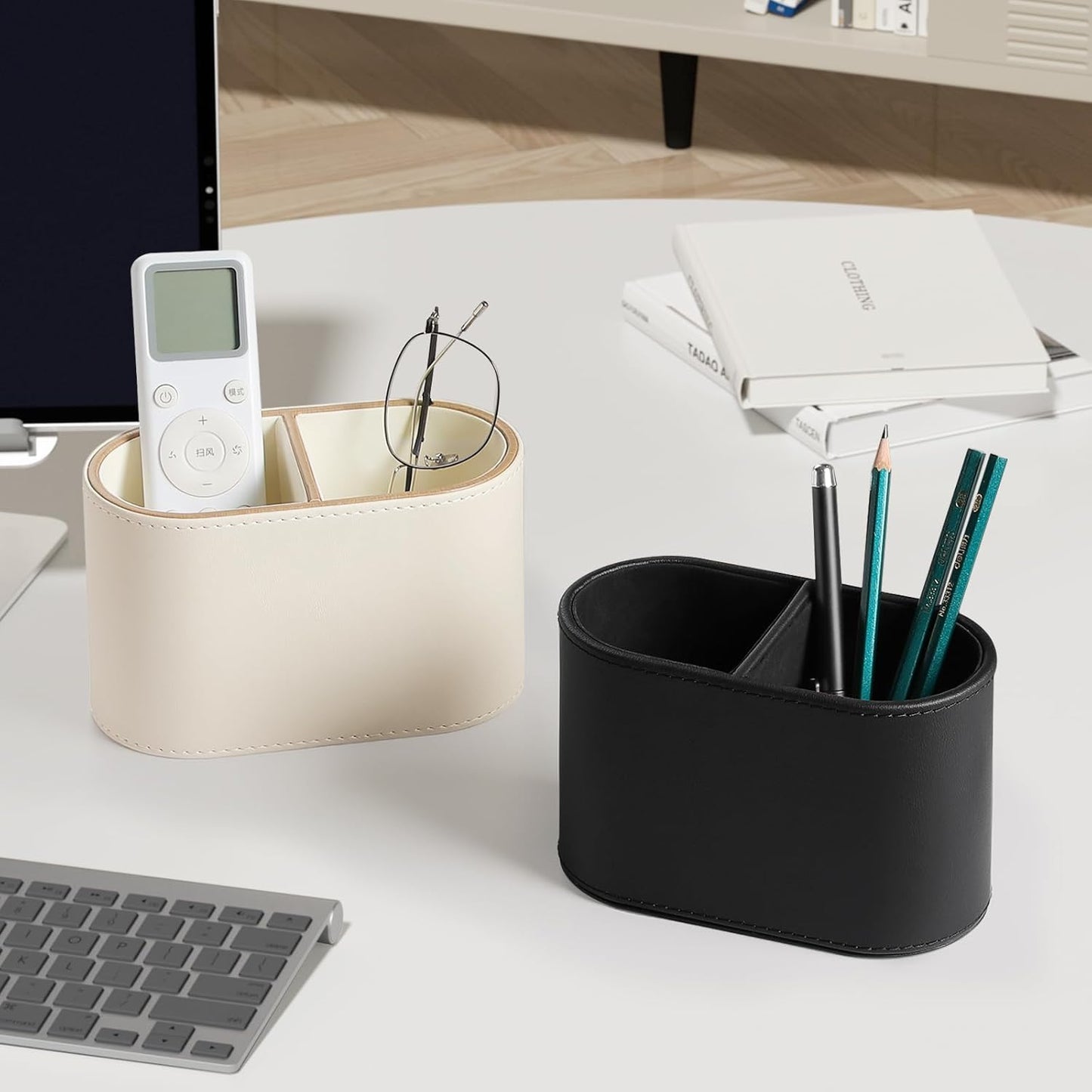 PU Leather Pen Holder for Desk, Small Remote Control Holder Pencil Cup Multifunctional Desktop Organizer Caddy for Home School Office Desk Accessories - 2 Compartments (Beige)