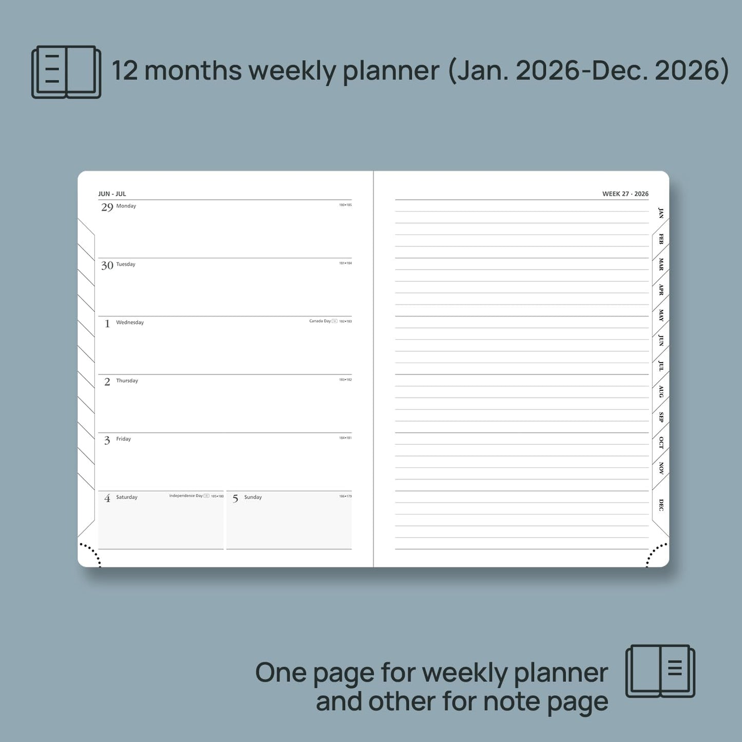 POPRUN Weekly Planner 2026 (Medium 6.5" x 8.5") Calendar 12 Months Notebook with Horizontal Layout, Leather Soft Cover, Monthly Tabs, Inner Pocket, 100GSM Thick Paper, Pen Holder - Brown
