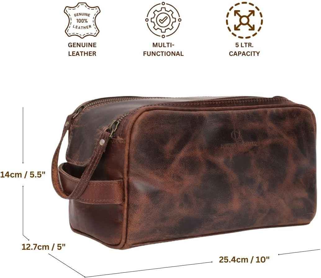 Toiletry Bag for Men – Genuine Leather Dopp Kit, Travel Organizer for Grooming Essentials, Large Shaving Kit Pouch, Durable Dark Brown Gift for Men