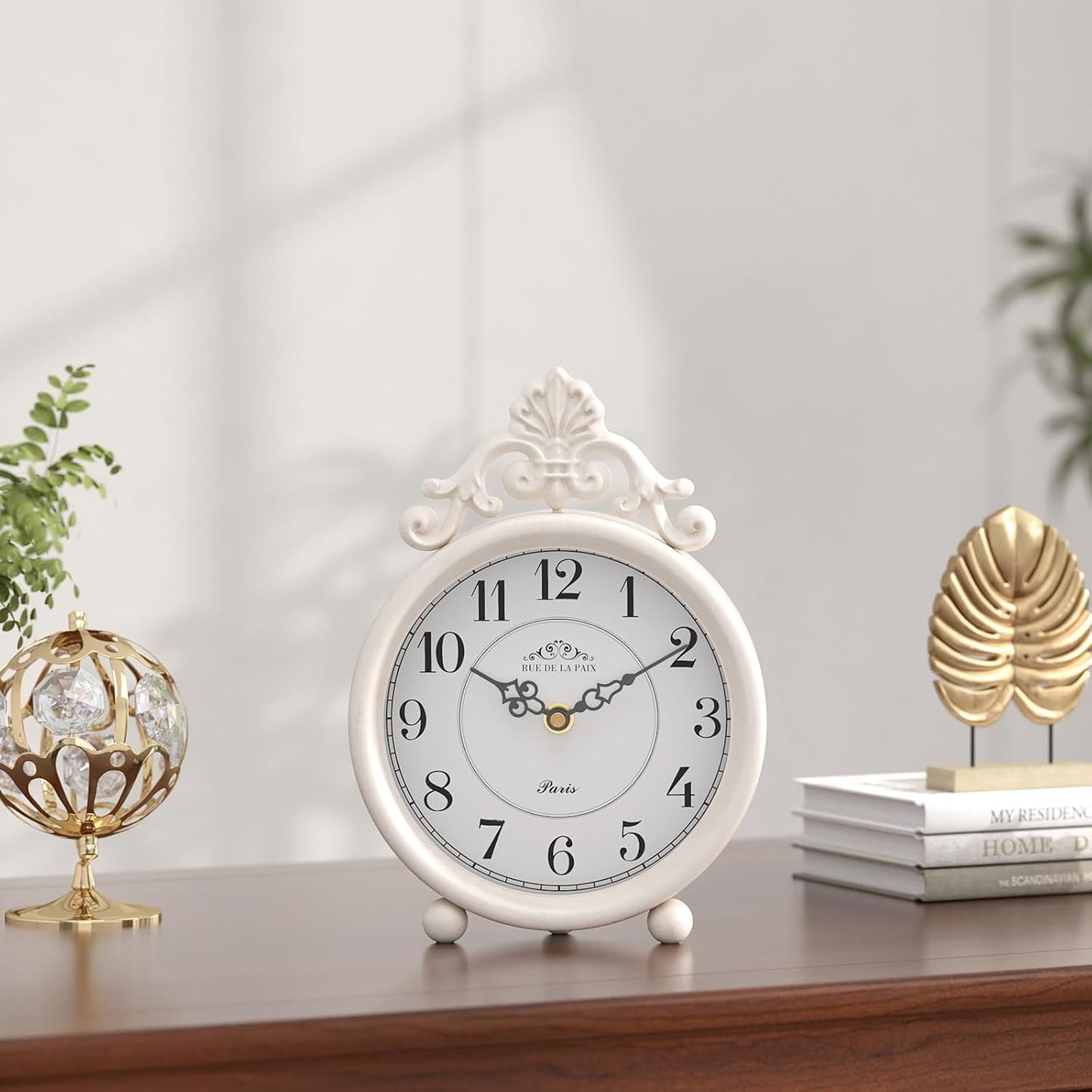 Vintage White Table Clock, Desk and Shelf Mantel Clock, French Rustic Antique Style Decor Clocks, for Farmhouse, Bedroom, Living Room, Bedside, Gift (9" H x 6.3" W)