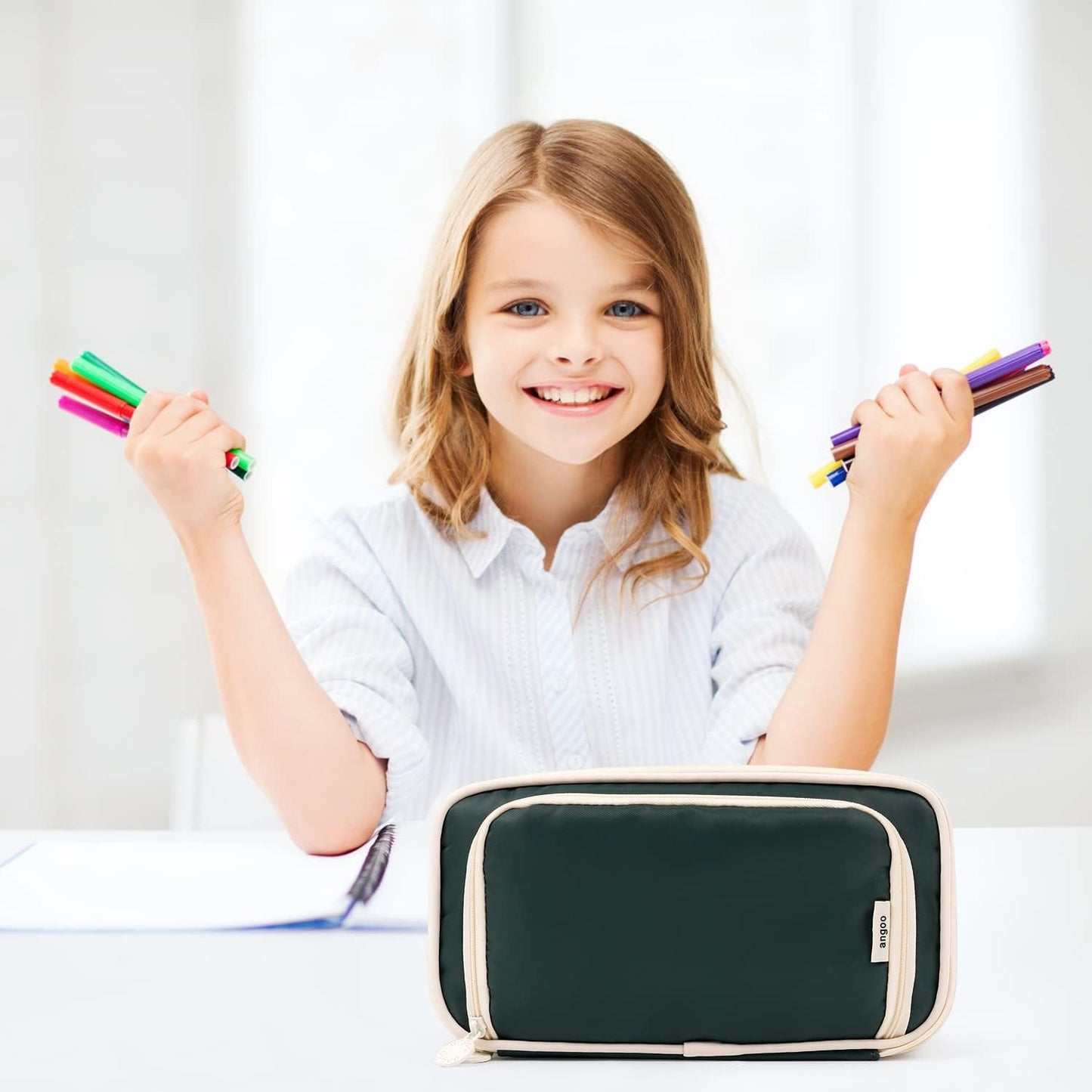 Large Capacity Pencil Case 4 Compartment Bag Organizer, Expandable Pen Bag, Portable Stationery Bag with Handle for Office Middle High College School (Green)