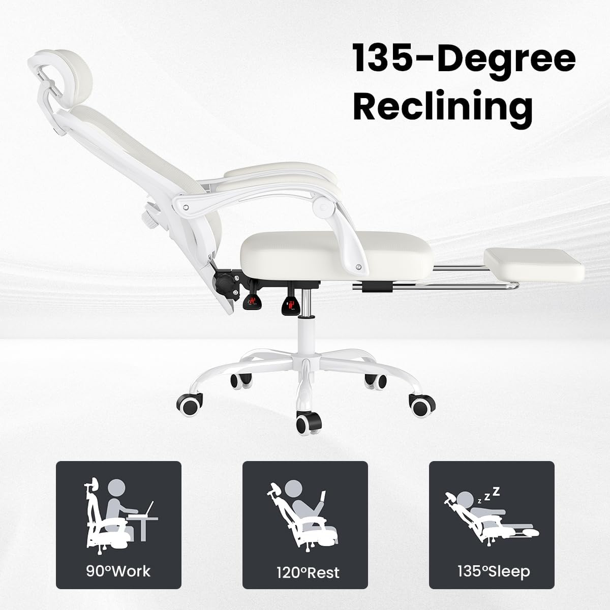 Ergonomic Office Chair with Footrest, Mesh Office Desk Chair with Headrest, High Back Computer Chair with Adjustable Lumbar Support for Home Office Study Room or Bedroom, Beige