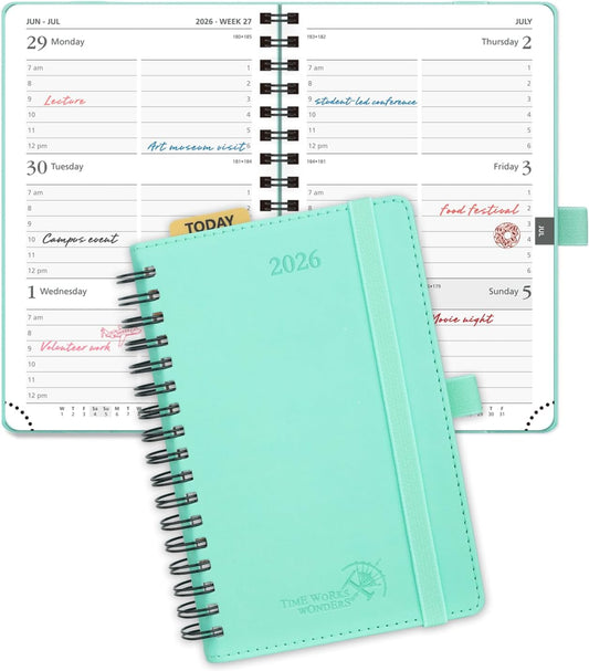 POPRUN Pocket 2026 Planner (Small Size- 4'' x 6.25'') Weekly and Monthly for Purse - Calendar 2026 (Jan. 2026 - Dec.2026) with Soft Cover, Plastic Ruler - Green