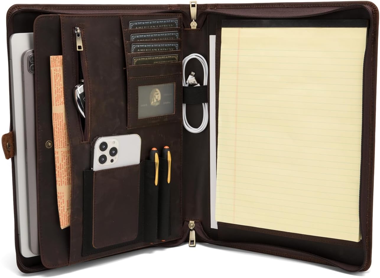 Genuine Leather Portfolio, Legal Size 8.5 x 14 Pad Holder, Business Padfolio for Men and Women, Zippered Laptop Organizer, Executive Professional Work Travel Notepad Folio, Dark Brown