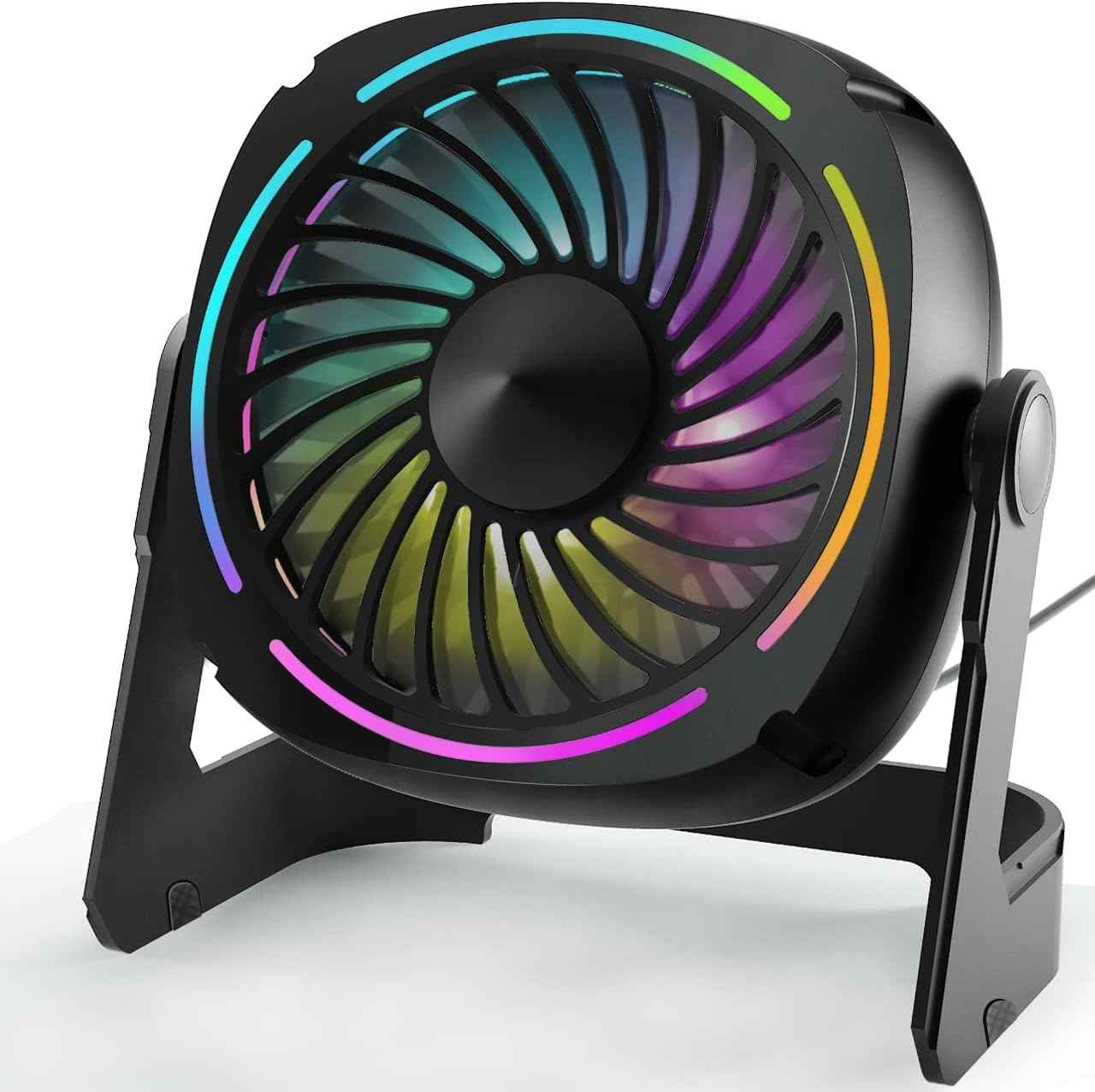Small USB Desk Fan - 5.3 Inch Portable Table Fan with 3 Levels Air Flow, 8 Color LED Lights, 360° Rotation, Quiet Mini Personal Fan for Home Office Desktop