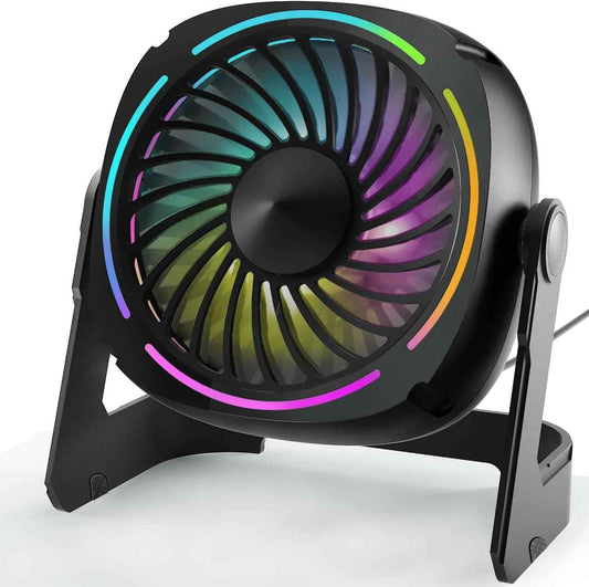 Small USB Desk Fan - 5.3 Inch Portable Table Fan with 3 Levels Air Flow, 8 Color LED Lights, 360° Rotation, Quiet Mini Personal Fan for Home Office Desktop