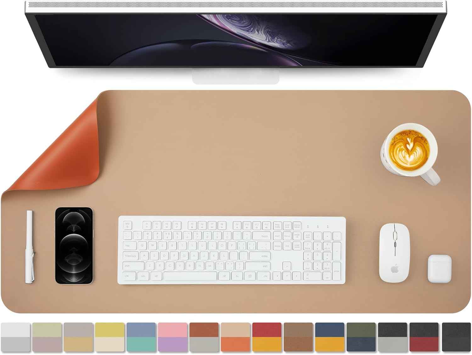 HOMIEAZICOZI Dual Sided Leather Desk Mat - Waterproof Pad for Office and Home Organization Accessories Ideal Large Mouse Mats on Top of Desks(Apricot+Orange,36''x 17'')