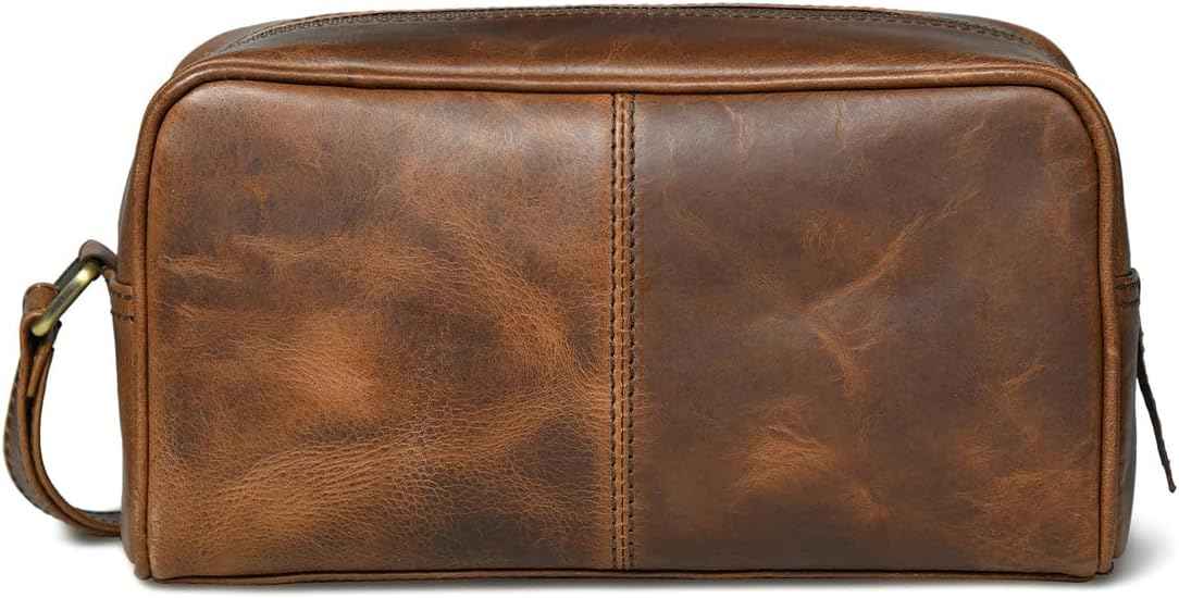 MaheTri Leather Toiletry Bag Travel Dopp Kit | Genuine Handcrafted Cosmetic Bag for Men & Women | Multipurpose use Durable Leather Toiletry Bag (Cosmetic, Shaving Kit) (Lumber Brown)