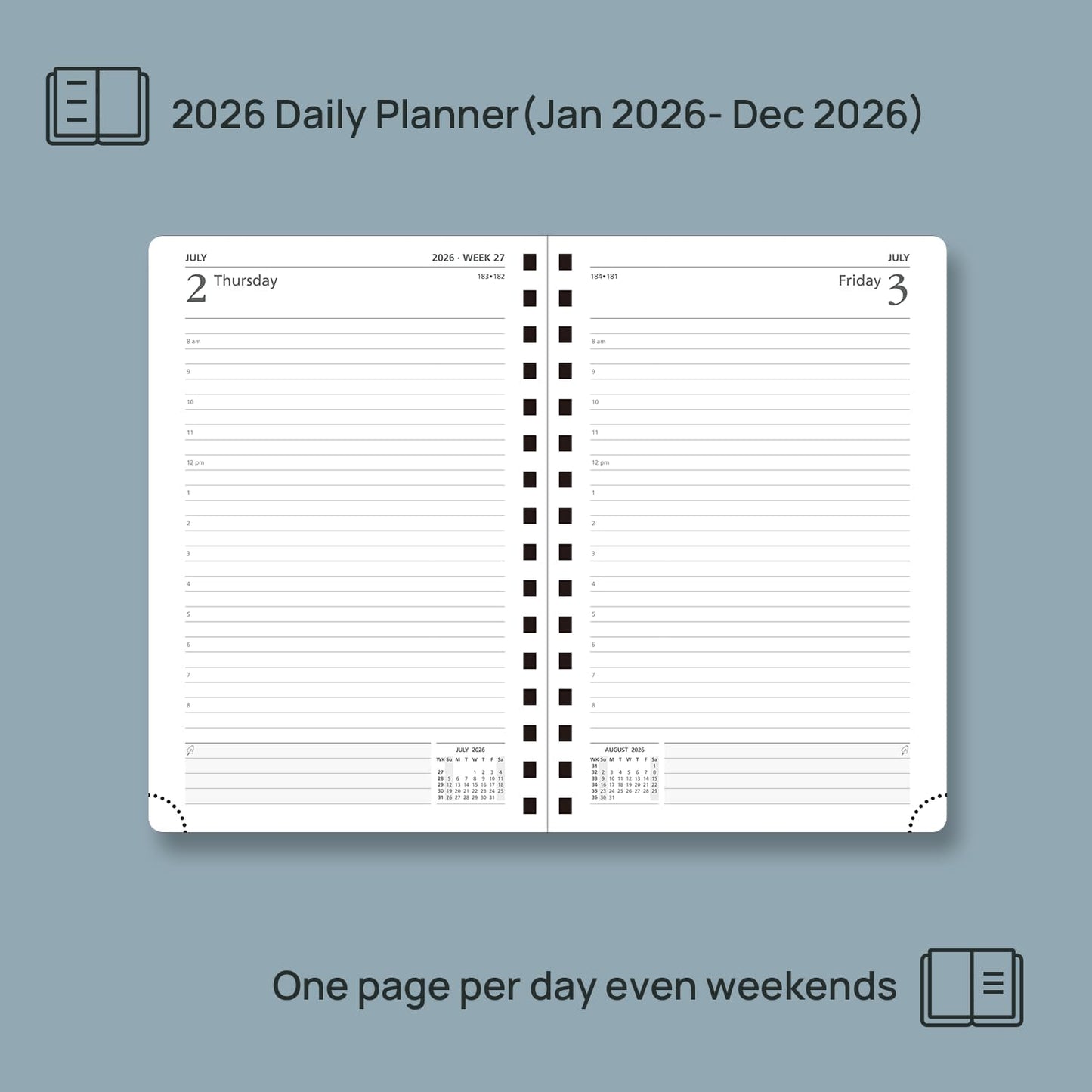 POPRUN 2026 Daily Planner One Page A Day - [8.5" x 5.75" Wire-Bound Hard Cover] Agenda 2026 Hourly Appointment Book with Monthly Calendar, Inner Pocket, Ivory Paper - Navy Blue