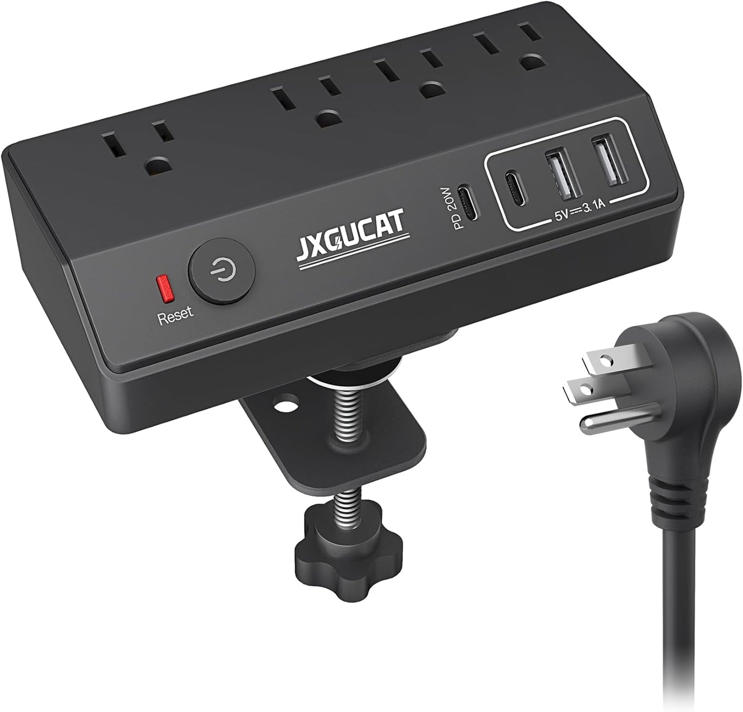 Desk Clamp Power Strip with PD 20W USB C, JXGUCAT Removable Fast Charging Desktop Edge Power Strip Surge Protector, 10 ft Extension Cord Flat Plug with 4 Outlet 4 USB Ports, Fit 1.8" Tabletop Edge