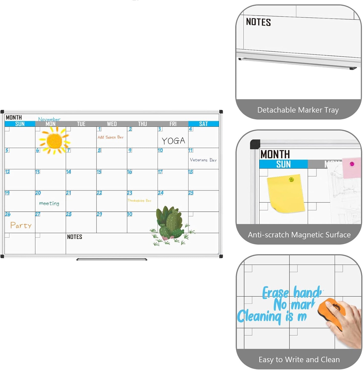 XBoard Magnetic Calendar Whiteboard 60" x 40" - Monthly Calendar Dry Erase Board, White Board + Colorful Calendar Board, Silver Aluminium Framed Monthly Planning Board - Lumora Desk