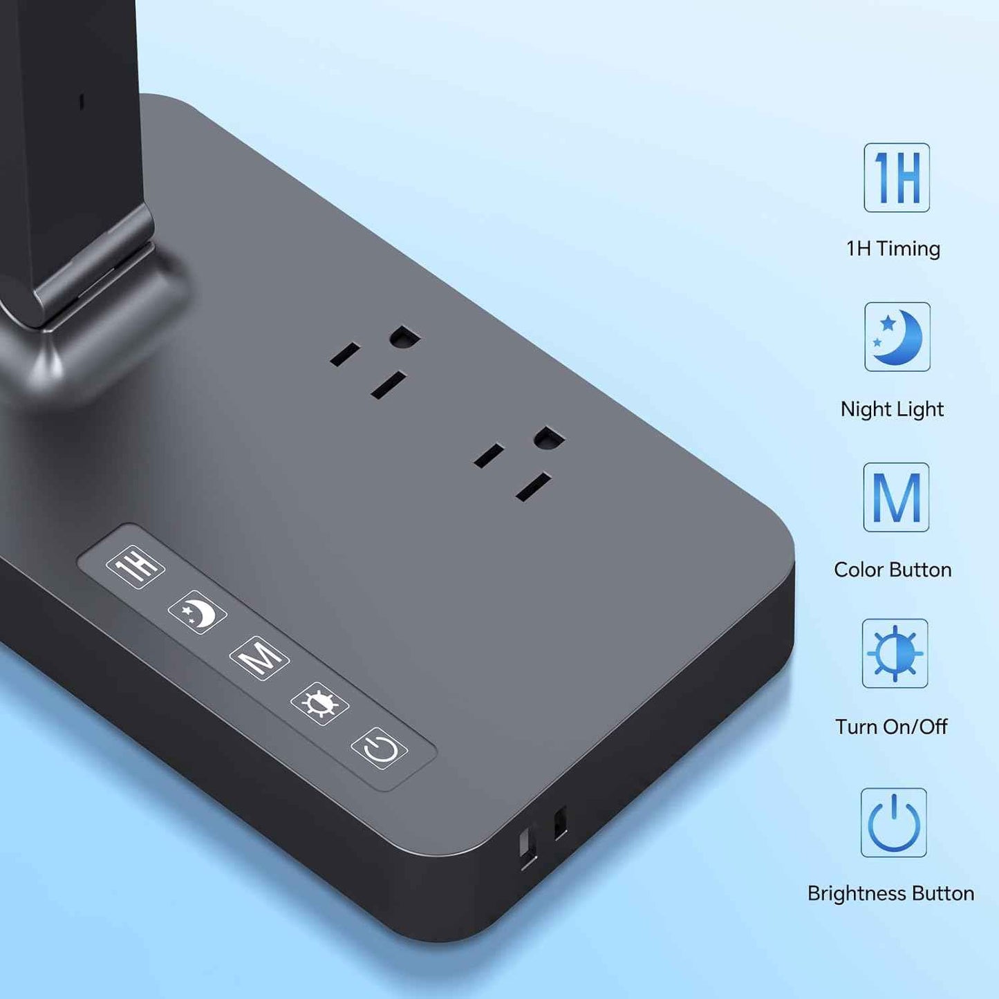 LED Desk Lamp with Power Strip: Table Lamp with Charging Station - 2 Outlets 1 USB-A Ports 1 Type-C Ports, Surge Protection, 5 Color Modes 5 Brightness for Home Office, College Dorm Room Essentials