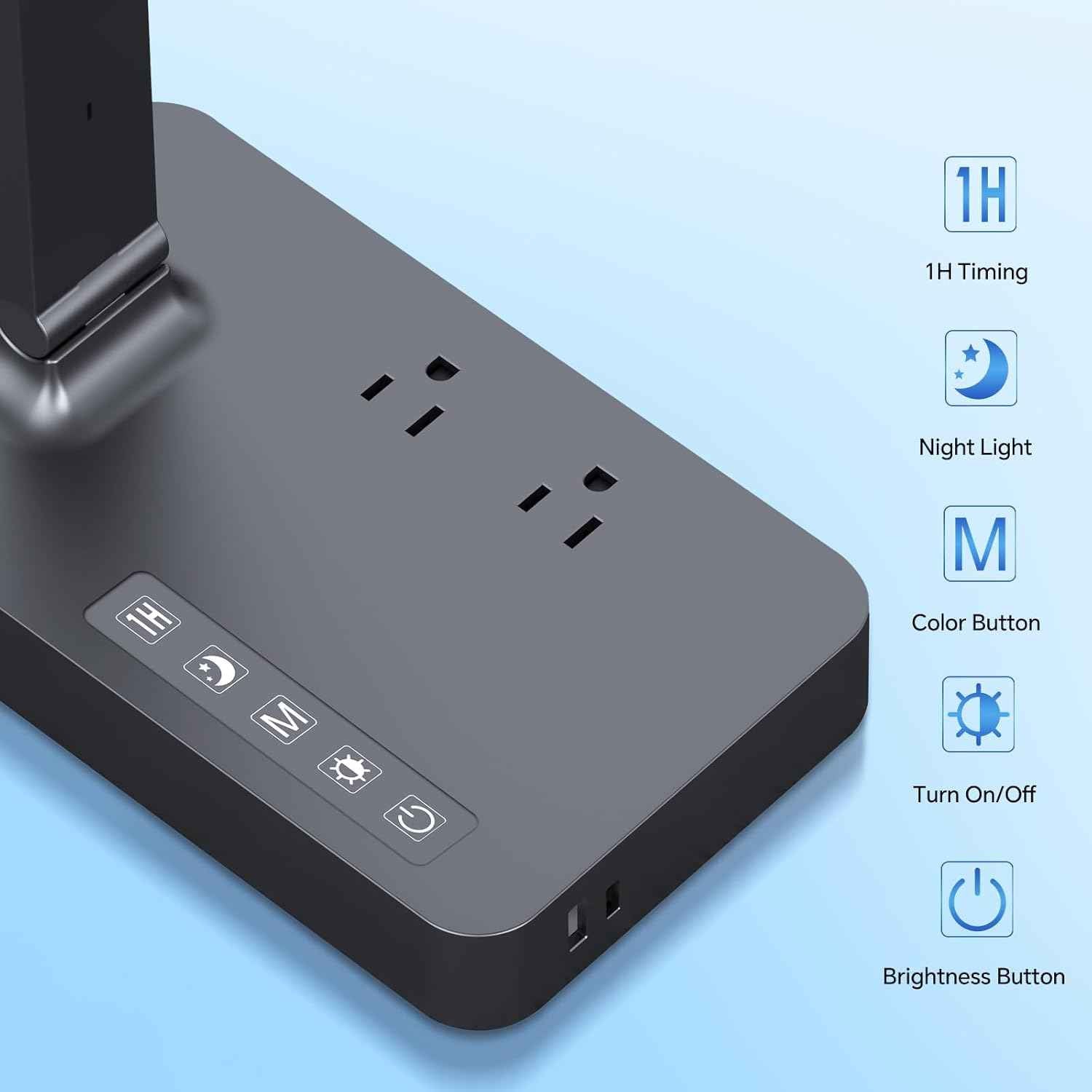 LED Desk Lamp with Power Strip: Table Lamp with Charging Station - 2 Outlets 1 USB-A Ports 1 Type-C Ports, Surge Protection, 5 Color Modes 5 Brightness for Home Office, College Dorm Room Essentials