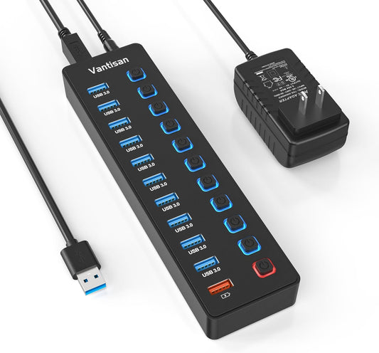 Powered USB Hub, 11-Port USB 3.0 Hub Splitter - 10 USB 3.0 Data Transfer Ports + 1 Smart Charging Port, USB Hub 3.0 Powered with Individual LED On/Off Switches and 5V/4A Power Adapter