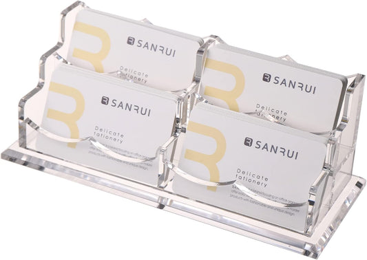 SANRUI Clear Horizontal Business Card Holder Stand for Desk, Acrylic Desktop Display Name Cards Holders Organizer Storage Rack,for Exhibition, Home , Office ,2 Tier 4 Pocket, 240 Card Capacity