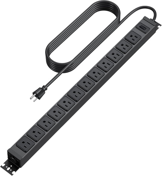 HHSOET 360° Rotating 12 Outlet Mountable Power Strip, Metal Gaming Table Mounted Outlet Strip, Heavy Duty Wall Mount Surge Protector with Switch, Works Great and Very Versatile, 15ft Power Cord.Black