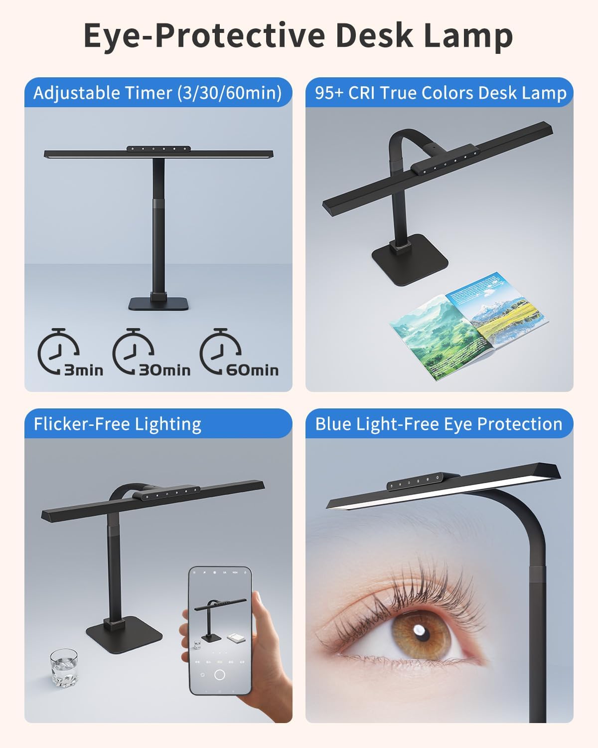 Desk Lamps for Office with Stable Base, 24W Touch Control Brightness Adjustable Tall Desk Lights, Eye-Caring Architect Task Light, Dimmable Brightness & Color Computer Lights for Desktop, Black - Lumora Desk