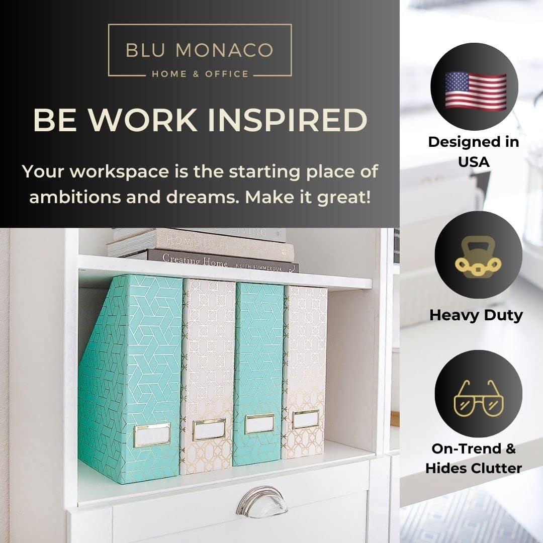 BLU MONACO Set of 4 Foldable Cute Magazine File Holders with Gold Label Holders – 2 Pink & 2 Aqua with Fun Gold Geometric Patterns – Stylish & Durable Magazine Storage for Home & Office
