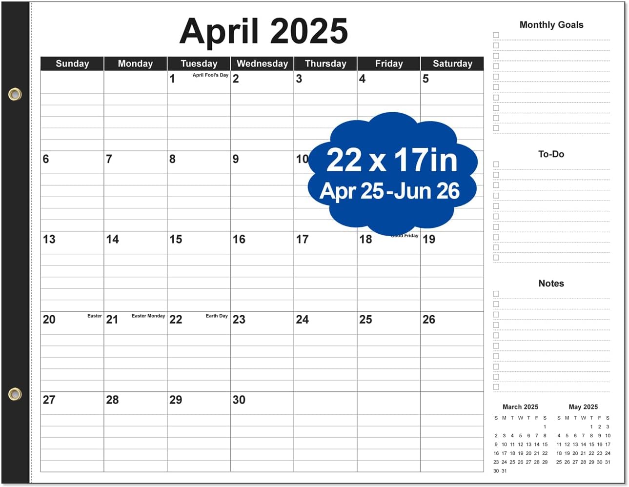 Large Desk Calendar 2025-2026 - 22" x 17" Desk Calendar from April 2025 - June 2026, Desktop Pad Calendar Perfect for Planning and Organizing In Your Home, School or Office, Black