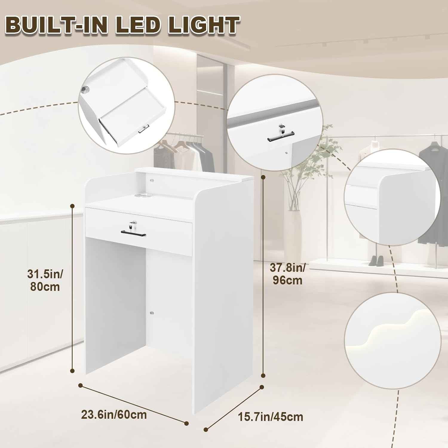 Reception Desk with Counter, Small Modern Front Desk with LED Light and Lockable Drawer, White Reception Table Retail Checkout for Counter for Lobby, Beauty Salon (37.8"L x 23.6"W x 15.7"H)