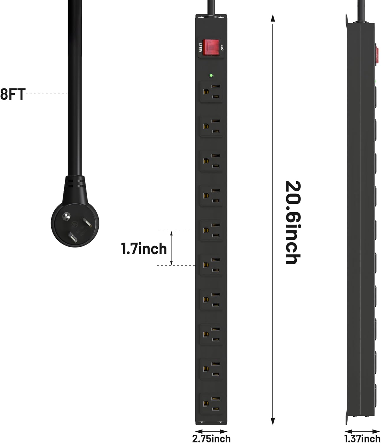 KF 10 Long Power Strip, Heavy Duty Surge Protector with 2100J, 15A/1875W Wall Mount Power Strip with Upgraded Switch, 14AWG 8FT Cord