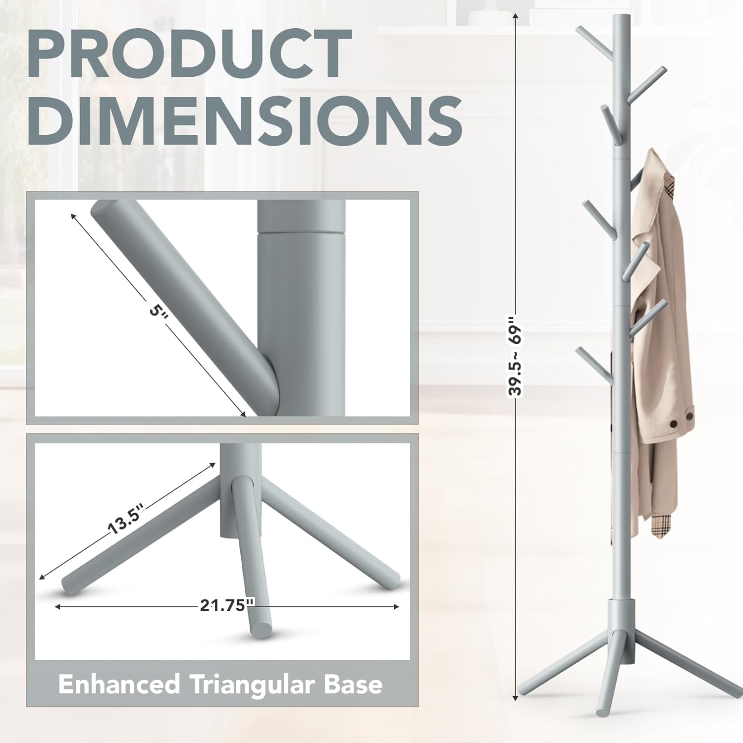 Wooden Tree Coat Rack Stand,Sturdy Freestanding Coat Rack with 8 Hooks,3 Adjustable Height for Child Adult,Wood Coat Stand Tree Fits Entryway Bedroom Office for Bags,Hats - Lumora Desk
