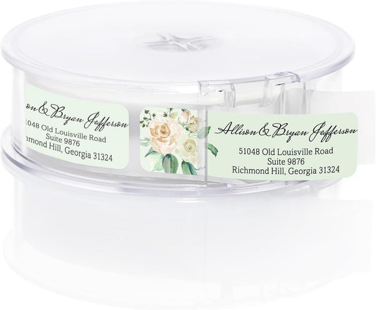 Green Watercolor Floral Rolled Address Labels / 250 Personalized Return Address Labels/Designer Address Stickers in Elegant Plastic Dispenser - Lumora Desk