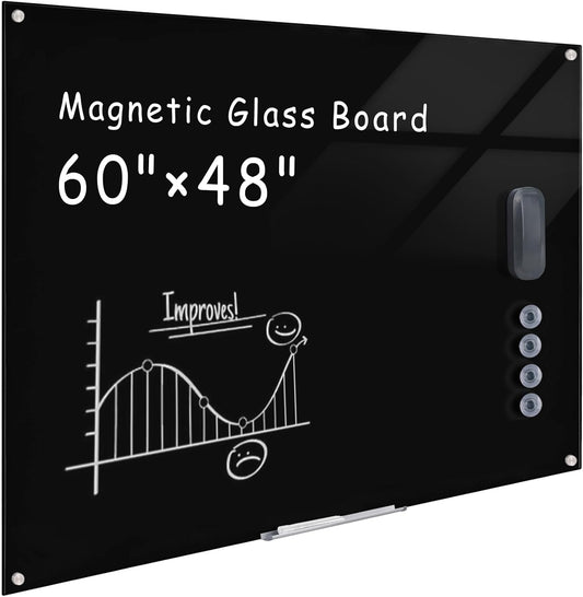Mifuro Magnetic Glass Whiteboard，60"x48" Wall Mounted Frameless Dry Erase Board for Office, Home & School Black