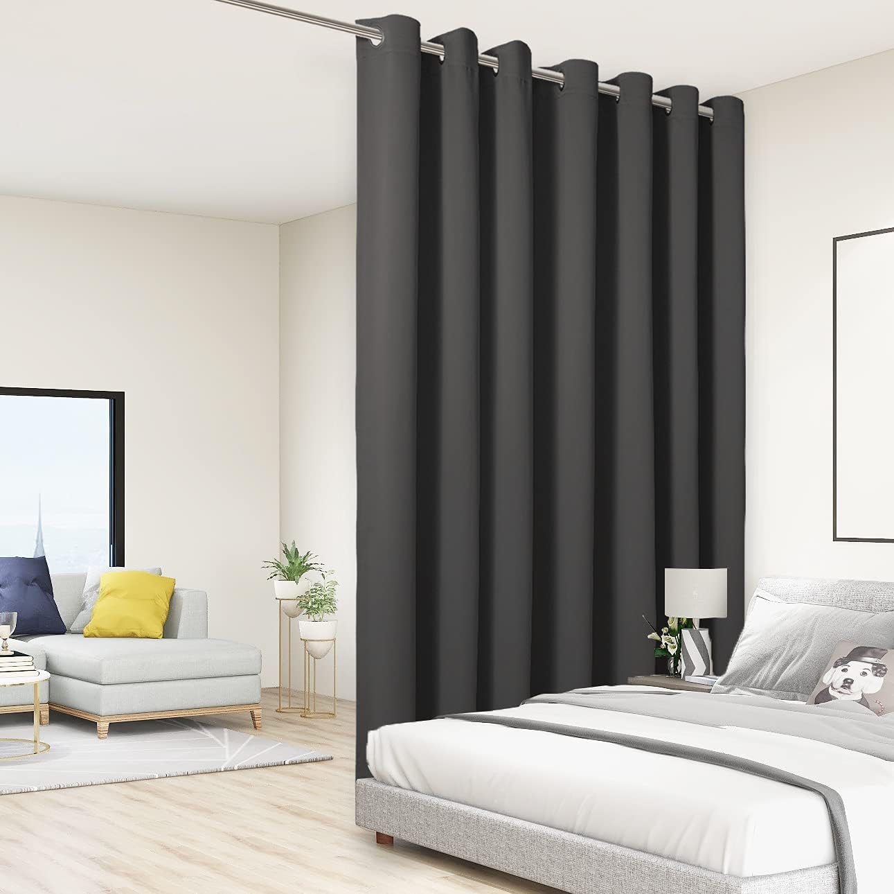 BONZER Extra Wide Room Divider Curtain Total Privacy Wall Grommet Top Thermal Insulated Blackout Curtains for Slide Window, 108L x 108W Inch (9L x 9W ft), 1 Panel, Dark Grey