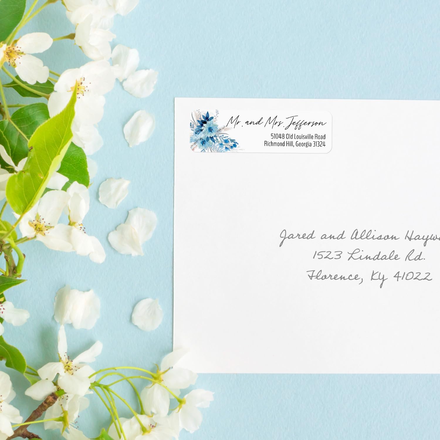 Blue Floral Rolled Address Labels / 250 Personalized Return Address Labels/Designer Address Stickers in Elegant Plastic Dispenser - Lumora Desk