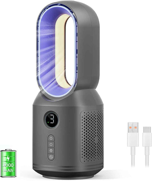Desk Fan,13 Inch Portable Bladeless Fan, Small Quiet Office Fan with 106° Oscillating, 3 Speeds & Night light, LED Display,Button Control, Personal Battery Operated Table Fan for Bedroom, Office, Home