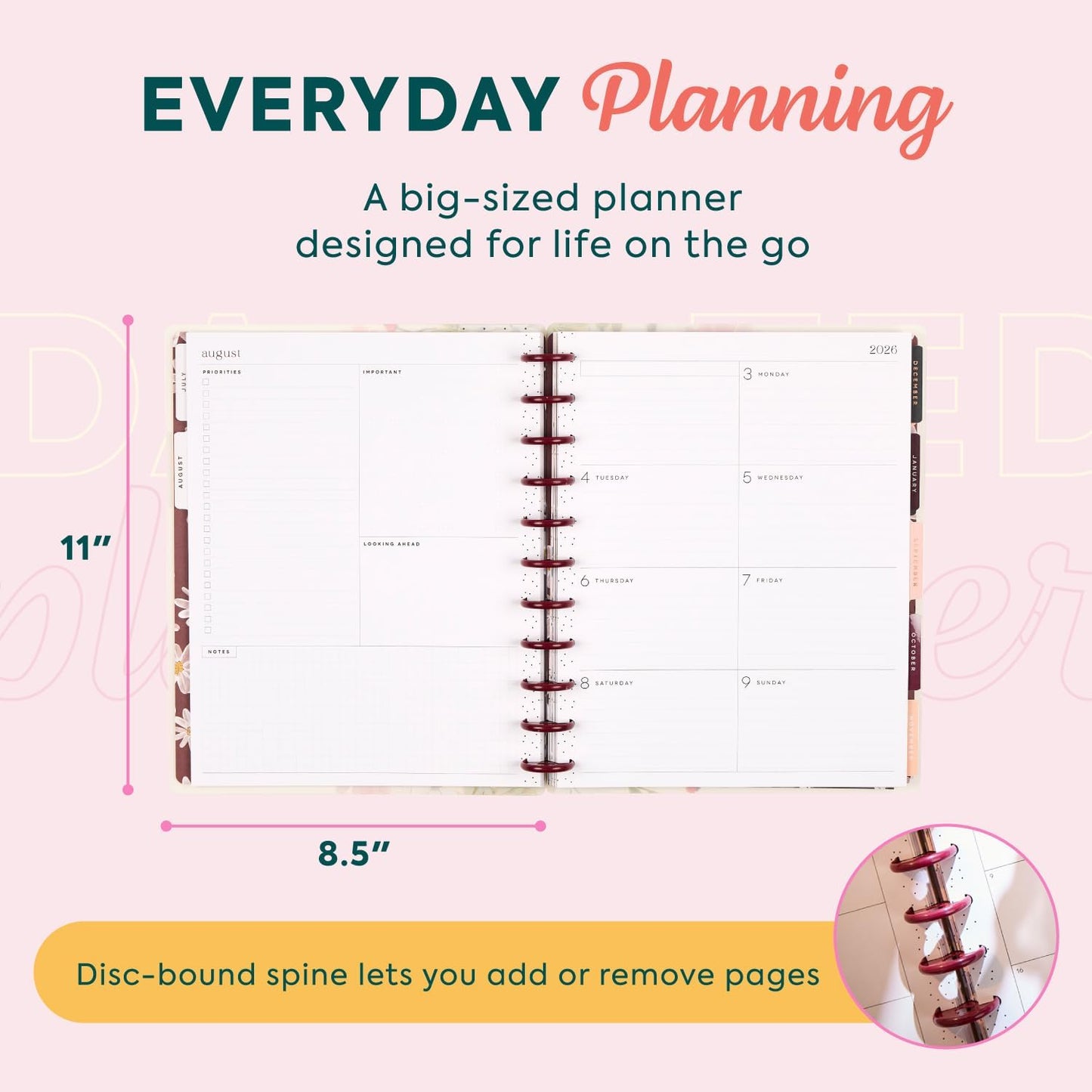Happy Planner Disc-Bound Planner July 2026–June 2027, Includes 3 Extra Months and 2 Sticker Sheets, Big Size, 8.5" x 11", Dashboard Layout, Wildflower Whimsy