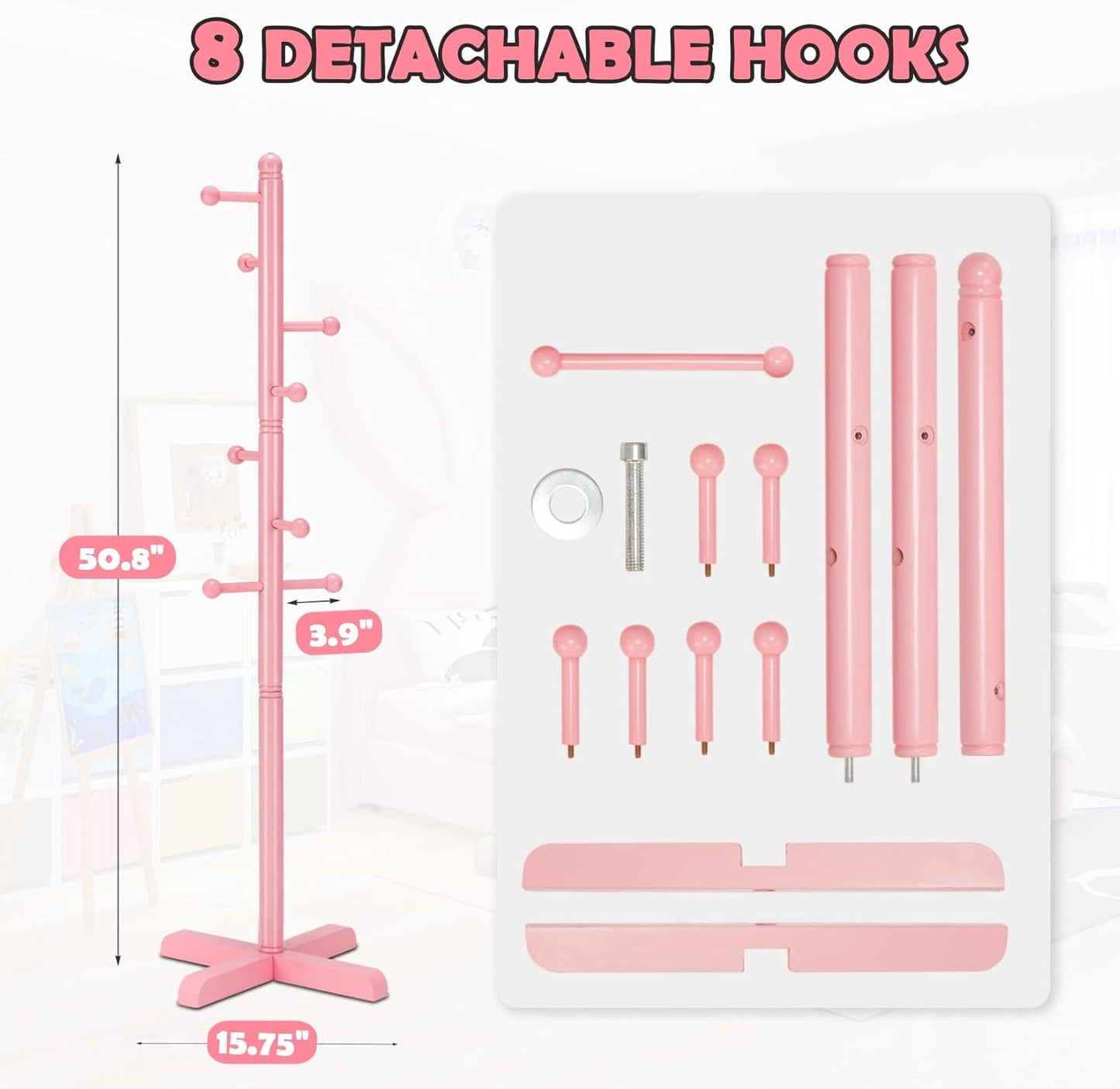 Kids Coat Rack, Freestanding Coat Racks with 8 Hooks 2 Adjustable Height, Tree Coat Rack for Bedroom, Hallway, Entrance, Office, Hats, Handbags,Purse (Pink) - Lumora Desk