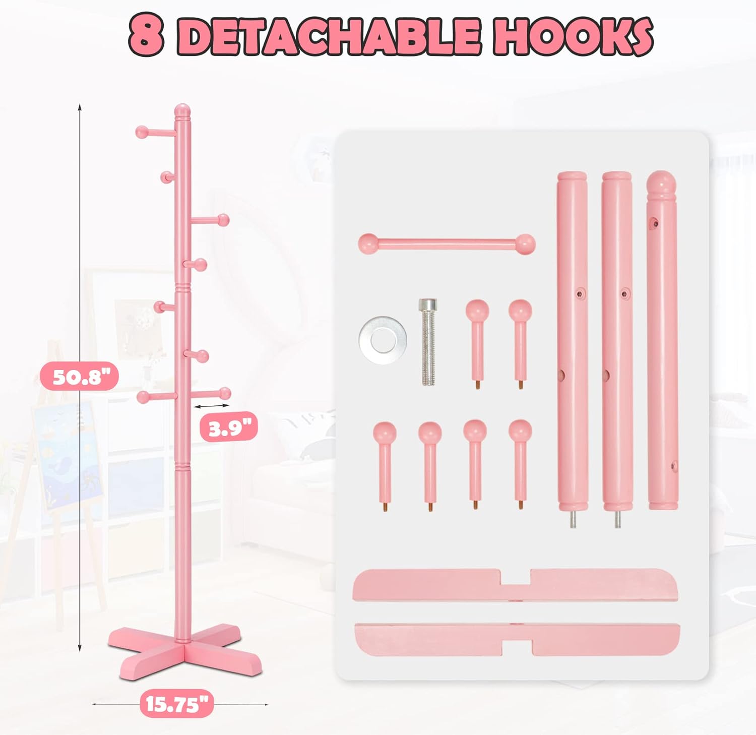 Kids Coat Rack, Freestanding Coat Racks with 8 Hooks 2 Adjustable Height, Tree Coat Rack for Bedroom, Hallway, Entrance, Office, Hats, Handbags,Purse (Pink) - Lumora Desk