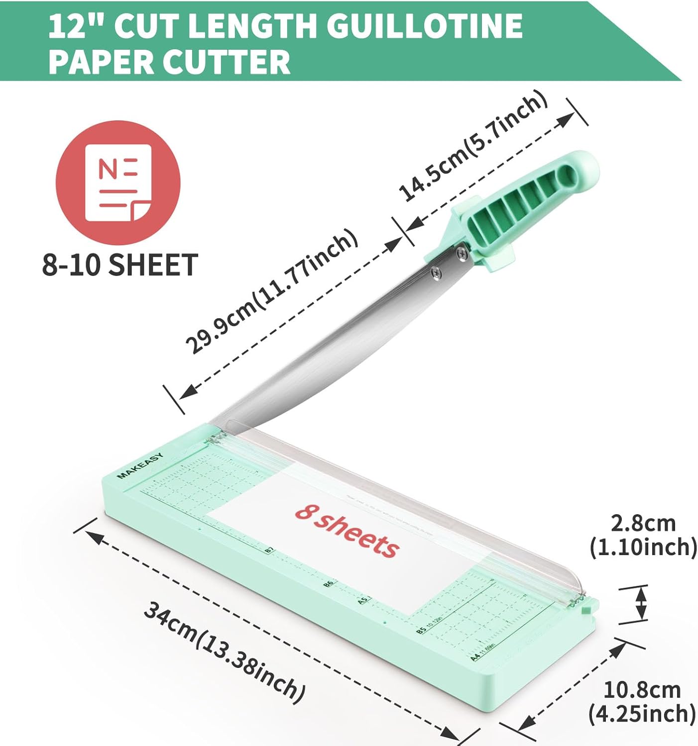 MAKEASY Paper Cutter 12 Inch, Guillotine Paper Cutter with 8 Sheet Capacity, Heavy Duty Paper Cutter for Cardstock, Paper Trimmer for Crafting, Classroom and Office, Green