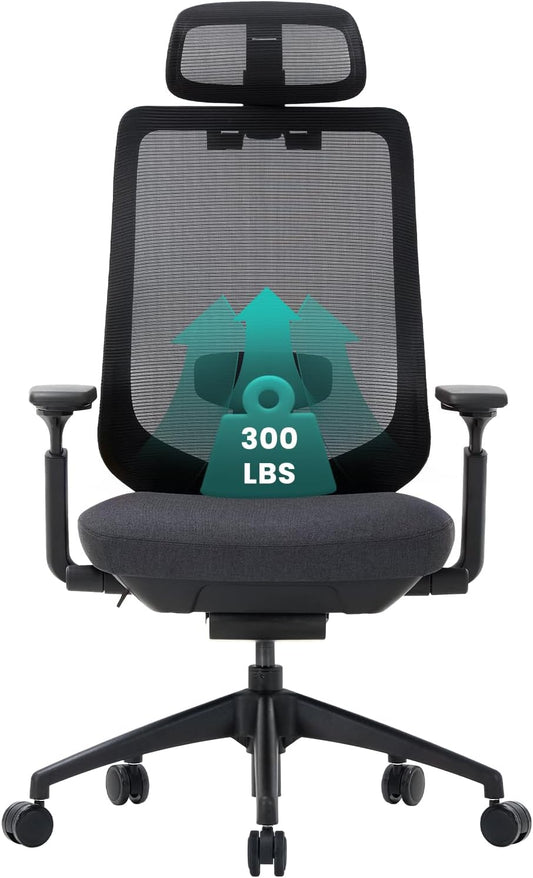 COLAMY Ergonomic Mesh Office Chair,High Back Computer Executive Desk Chair,Lumbar Support with Adjustable Headrest and 4D Arms, Slide Seat, Tilt Lock-Black