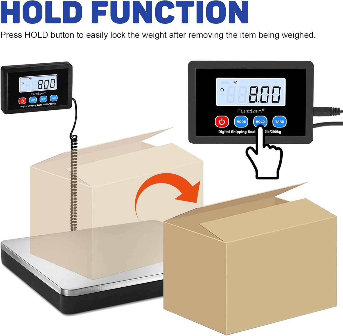Fuzion Shipping Scale 440lb x 10g Accuracy, Postal Scale with Hold/Tare, Digital Shipping Scale for Packages Small Business, Luggage, Battery & AC/DC Adapter - Lumora Desk