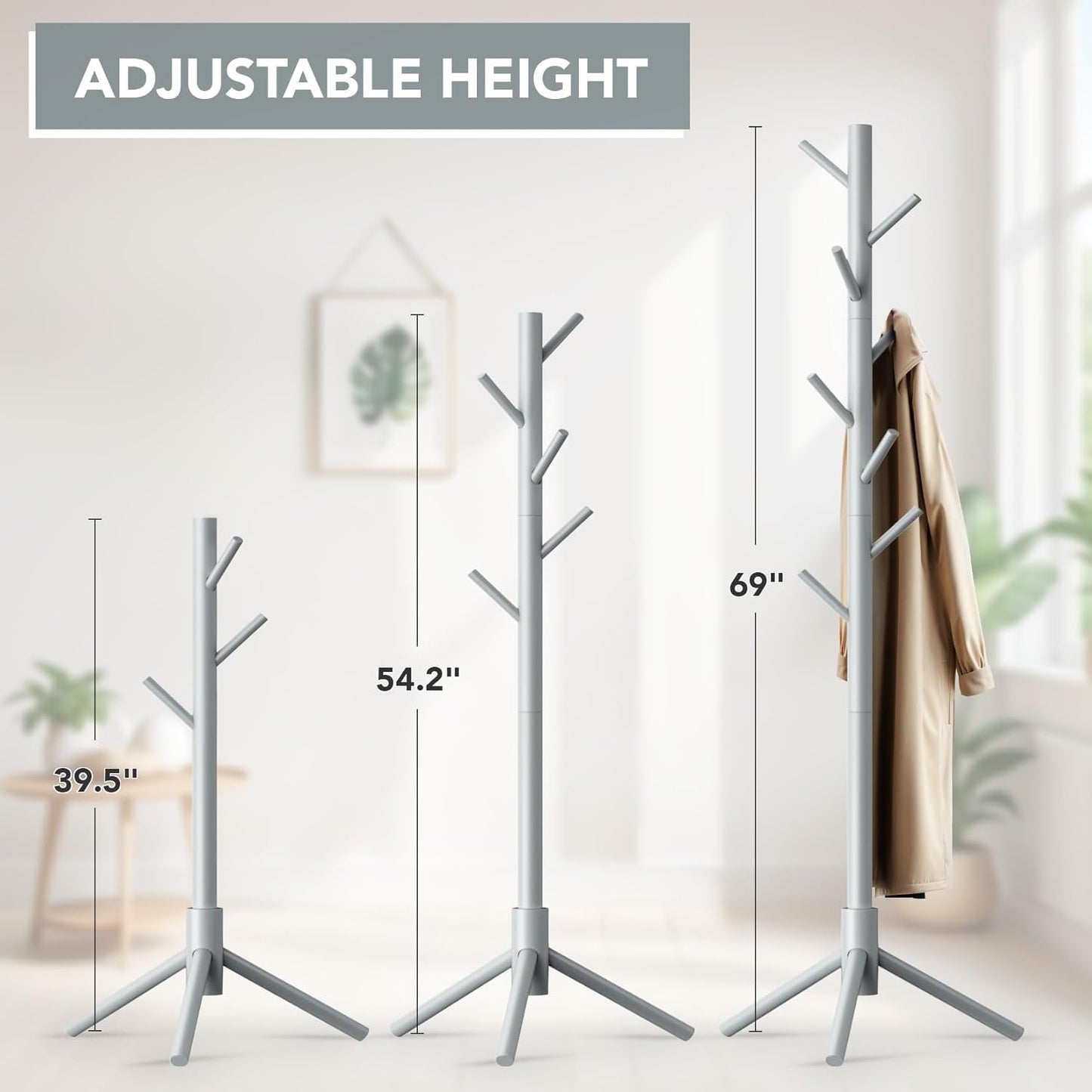 Wooden Tree Coat Rack Stand,Sturdy Freestanding Coat Rack with 8 Hooks,3 Adjustable Height for Child Adult,Wood Coat Stand Tree Fits Entryway Bedroom Office for Bags,Hats - Lumora Desk