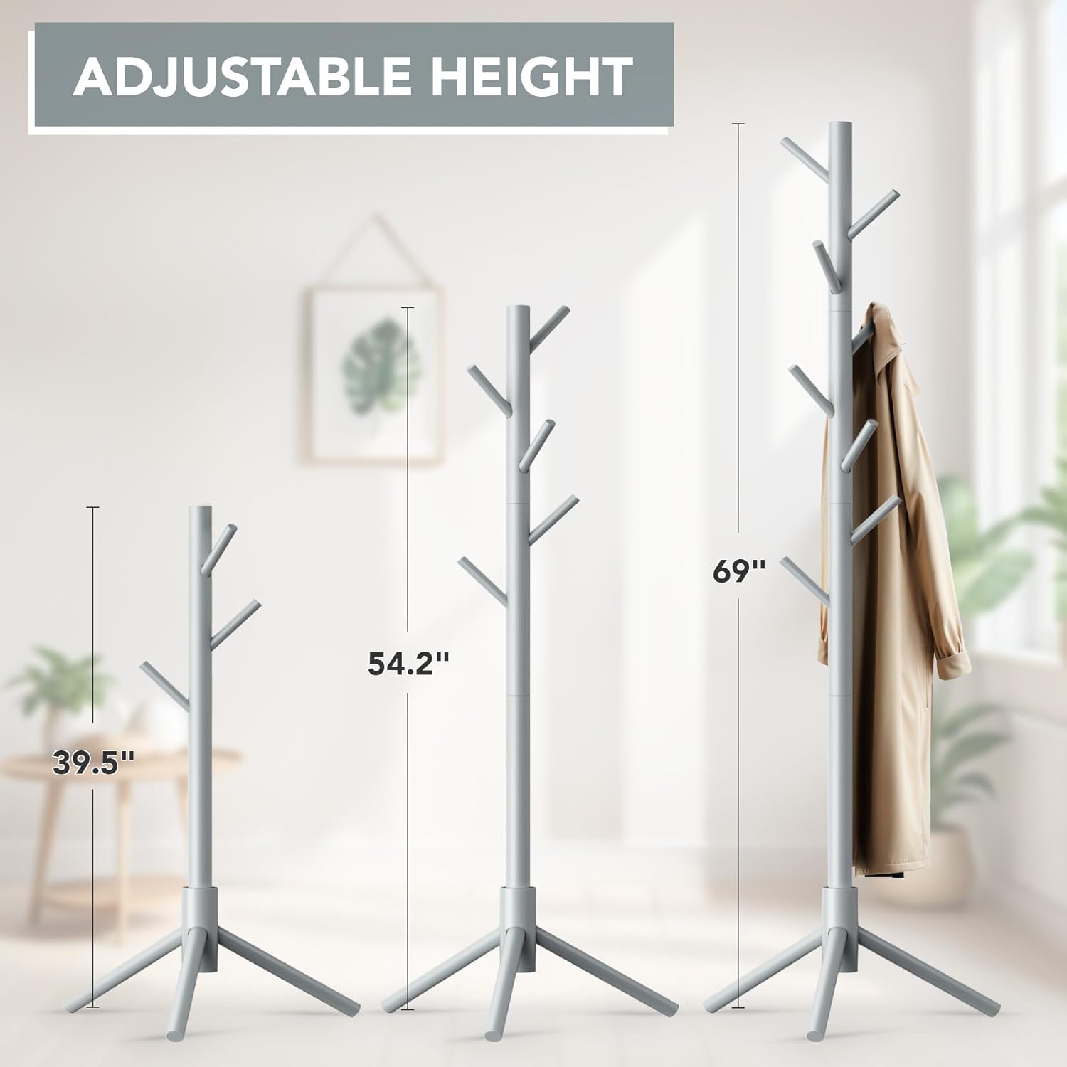 Wooden Tree Coat Rack Stand,Sturdy Freestanding Coat Rack with 8 Hooks,3 Adjustable Height for Child Adult,Wood Coat Stand Tree Fits Entryway Bedroom Office for Bags,Hats - Lumora Desk