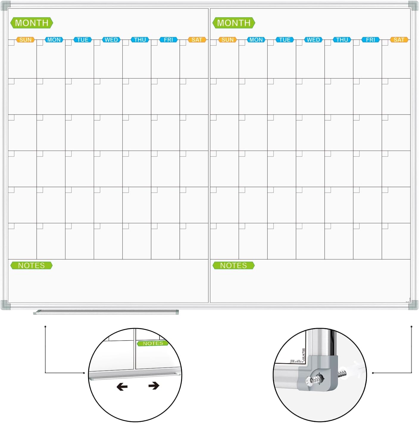 JILoffice Magnetic Dry Erase Calendar Whiteboard, 2 Month White Board Planner 48 X 36 Inch, Silver Aluminum Frame Wall Mounted Board for Office Home and School - Lumora Desk