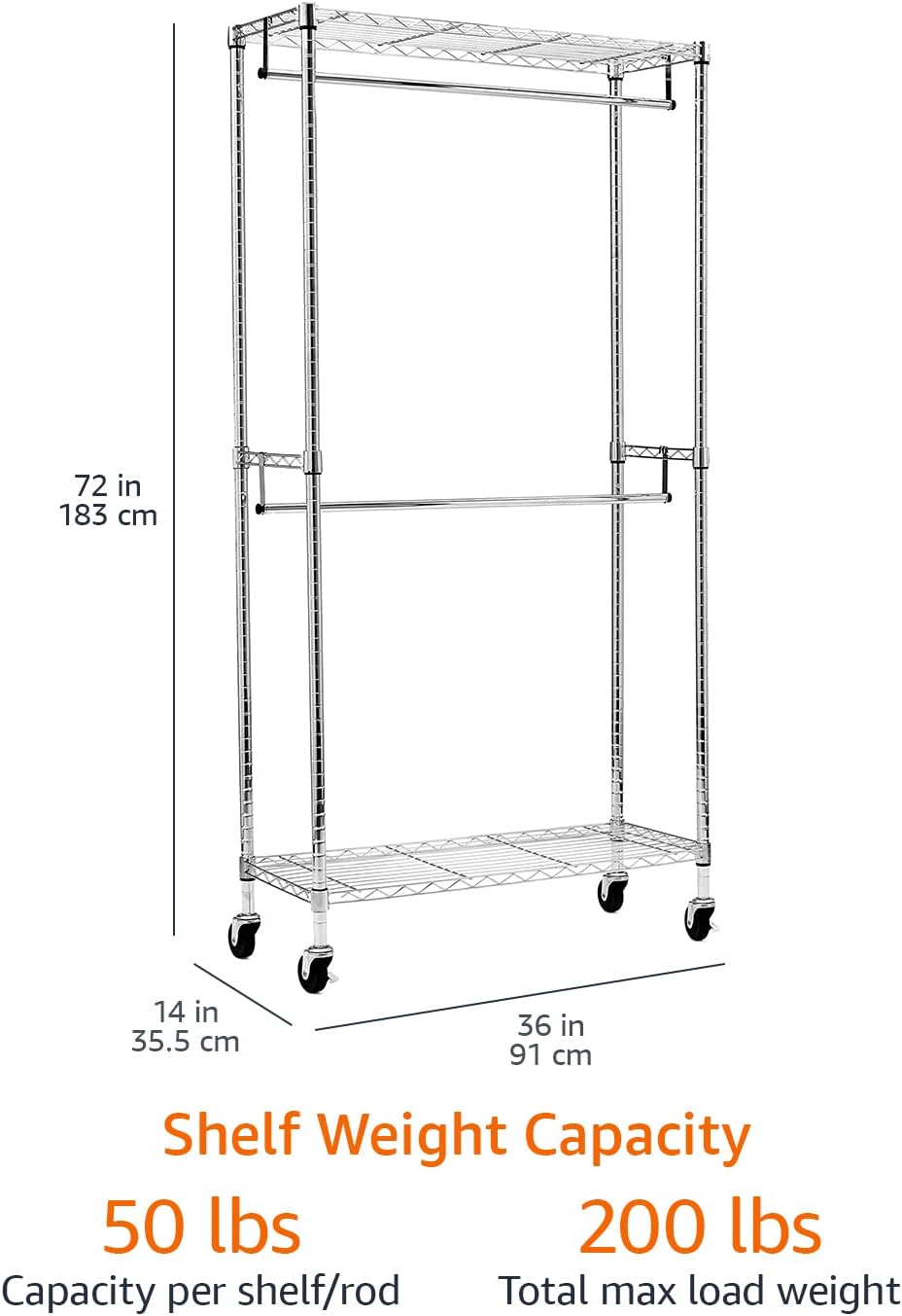 Amazon Basics Adjustable Clothes Rack for Handing, Double Hanging Rod Garment Rolling Closet Clothing Organizer, Chrome, 36'' x 14'' x 72'' - Lumora Desk