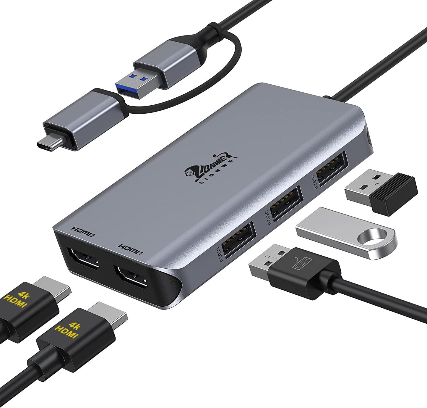 LIONWEI USB 3.0 to Dual HDMI Docking Station for Windows & macOS, USB C Adapter 2 Monitor Splitter for MacBook Pro/Air/M1/M2/Dell/HP/Lenovo/Surface